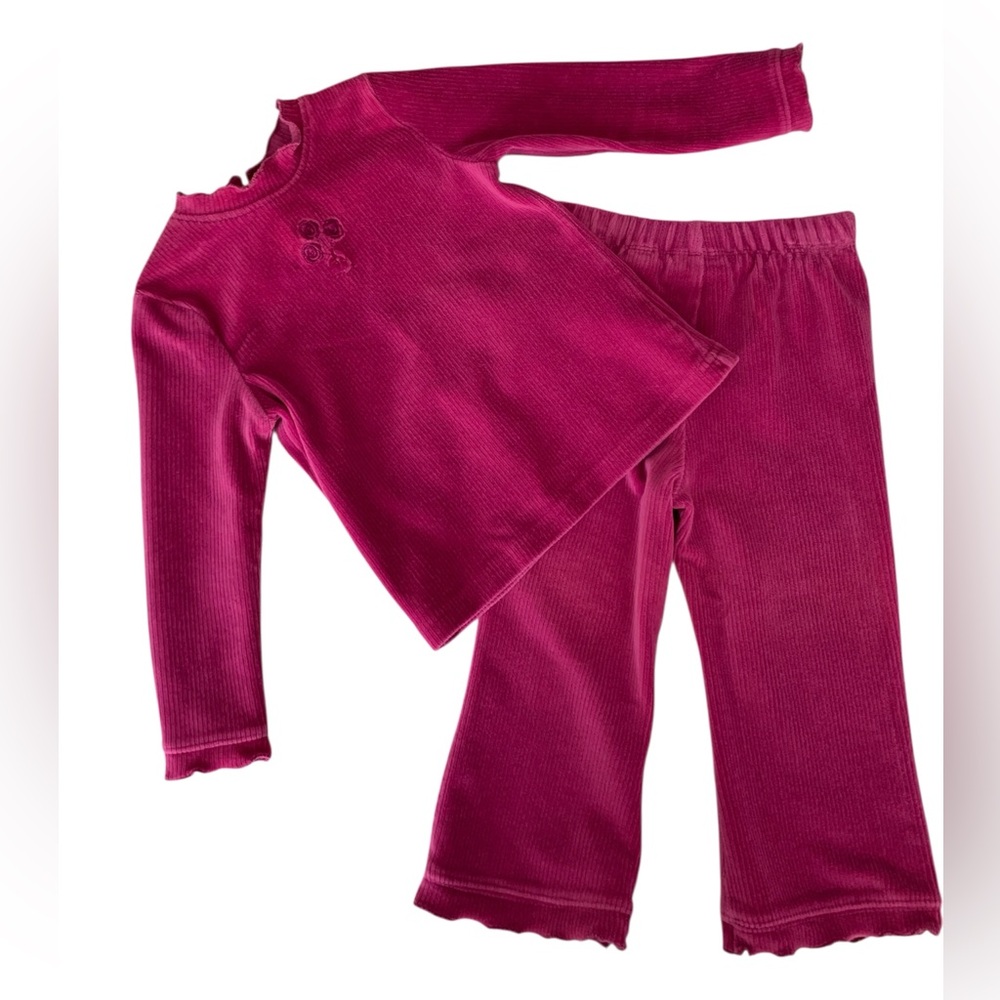 VTG Children's Place Velour Set Girl 24M Pink 2 PCS Top Pants Y2k Ribbed Ruffle